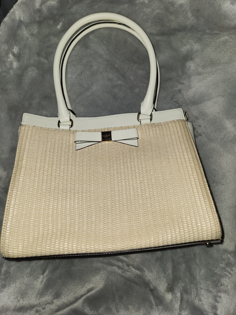 kate spade Beige Woven Shoulder Bag with Cream Trim and Bow